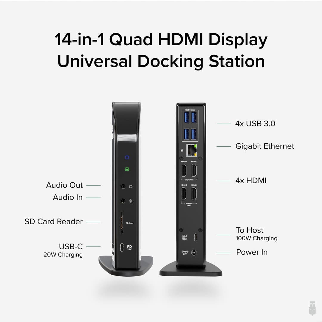 Plugable Technologies 14-in-1 USB C Docking Station with 4x HDMI, Quad Dock with 100W Charging, 4x HDMI Displays, Compatible with Windows, Thunderbolt, USB-C (4x USB, 1x USB-C, Ethernet, SD Card, Audio) - Image 2