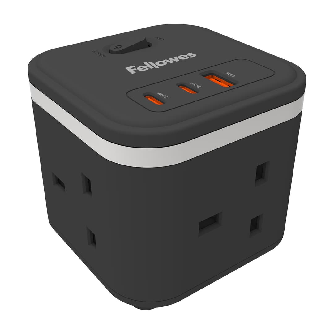 Fellowes Power Cube with 3 Power Socket Extension USB-A & USB-C Ports Black - Image 1