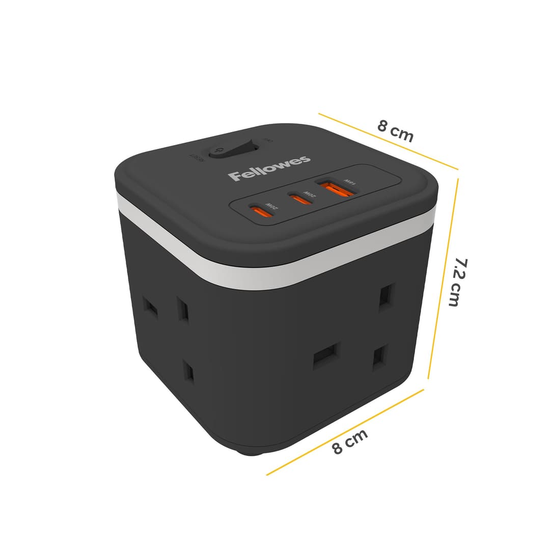 Fellowes Power Cube with 3 Power Socket Extension USB-A & USB-C Ports Black - Image 3