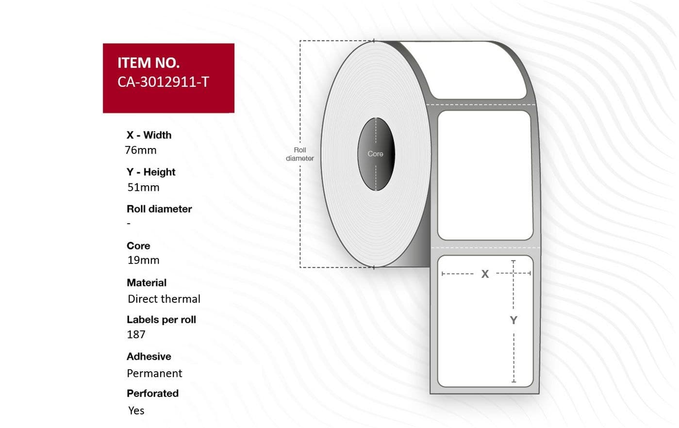 Capture CA-3012911-T Direct Thermal Labels 76 x 51mm, 19mm Core, Uncoated, Permanent Acrylic Adhesive, Perforated, 187 per Roll (16 Rolls)