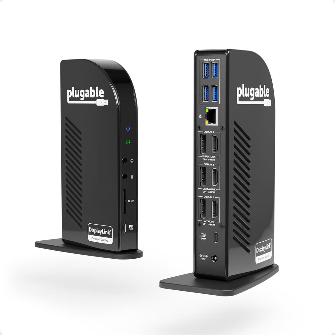 Plugable Technologies 4K USB C Docking Station Triple Monitor with 100W Power Delivery, USB C Dock for Thunderbolt 3 / 4, and USB-C Windows and Mac (3x HDMI and 3x DisplayPort, 1x USB-C, 4x USB 3.0, SD Card Reader) - Image 1