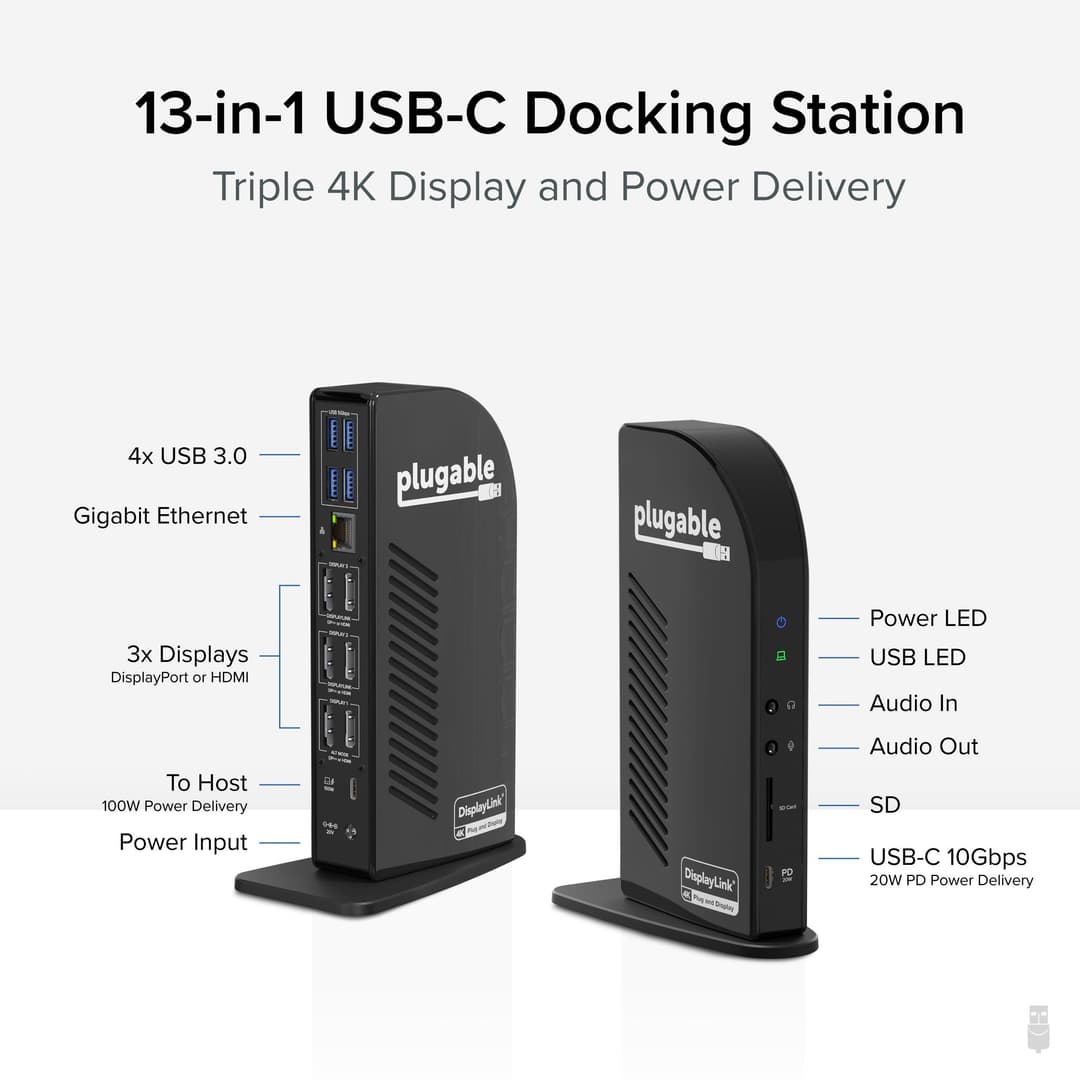 Plugable Technologies 4K USB C Docking Station Triple Monitor with 100W Power Delivery, USB C Dock for Thunderbolt 3 / 4, and USB-C Windows and Mac (3x HDMI and 3x DisplayPort, 1x USB-C, 4x USB 3.0, SD Card Reader) - Image 2