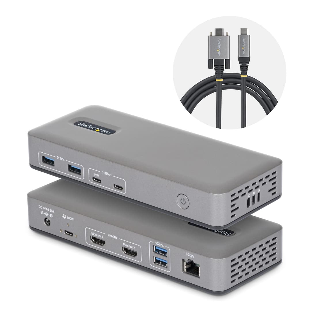 StarTech.com Dual-Monitor USB-C Docking Station, HDMI, 4K 60Hz, 100W Laptop Charging, 1GbE, Driverless, Multi-Monitor Dock For Windows - Image 1
