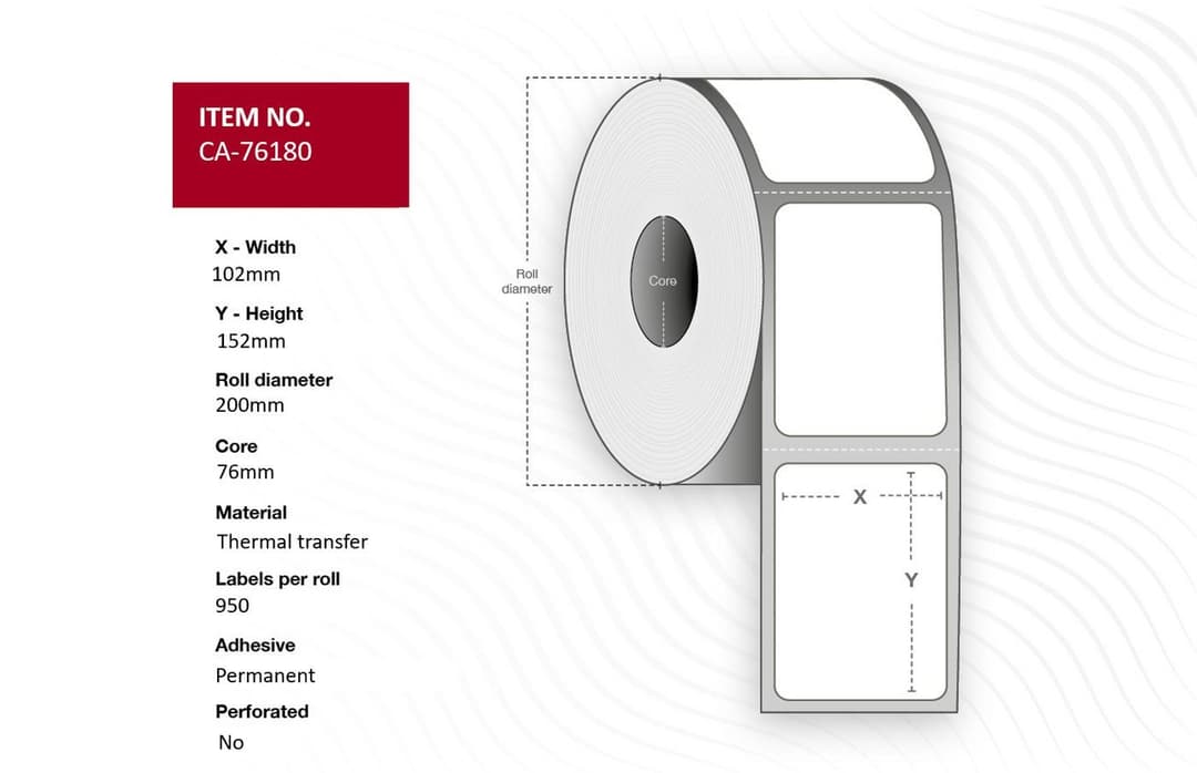 Label 102 x 152mm, Core 76mm, Thermal Transfer, Permanent, No perforation, 950 labels per roll, 4 rolls per box (CA-76180) - Image 1