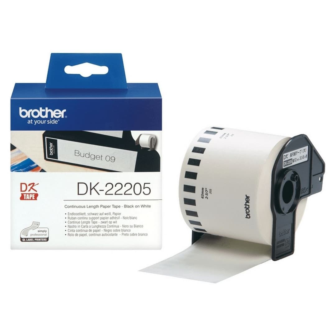 Brother DK-22205 Continuous Length Paper Label Tape 62mm x 30.48m - Black on White - Image 1