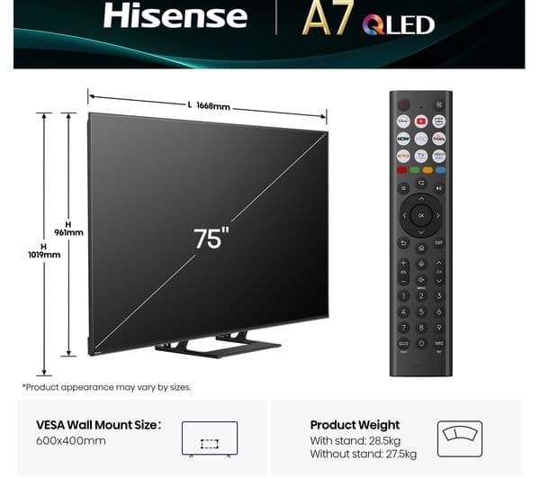 Hisense 75A7QTUK A7Q 75" 4K QLED Smart TV with Freely - Image 2