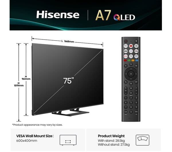 Hisense 75A7QTUK A7Q 75" 4K QLED Smart TV with Freely - Image 3