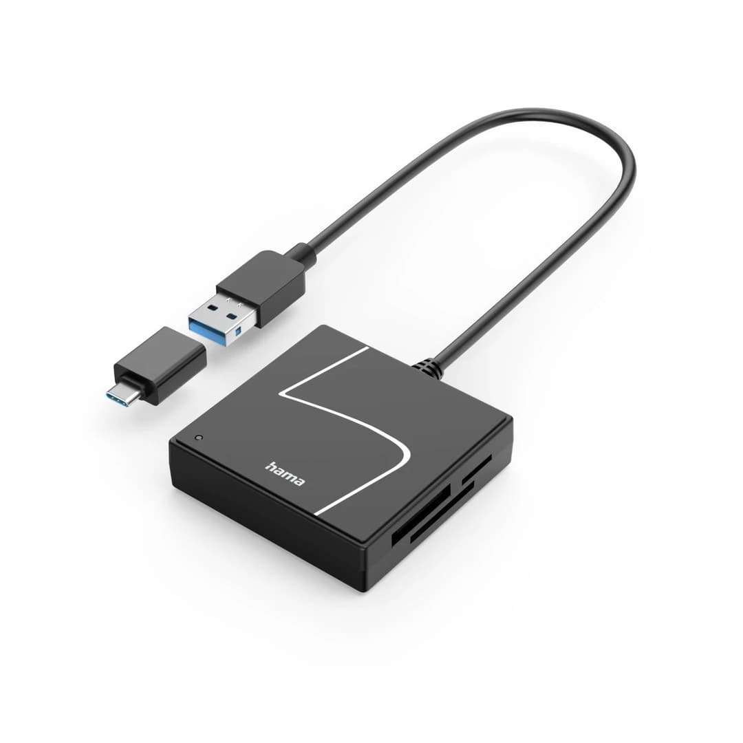 Hama 00200148 USB 3.2 Gen 1 Card Reader with USB-C Adapter - Black - Image 1