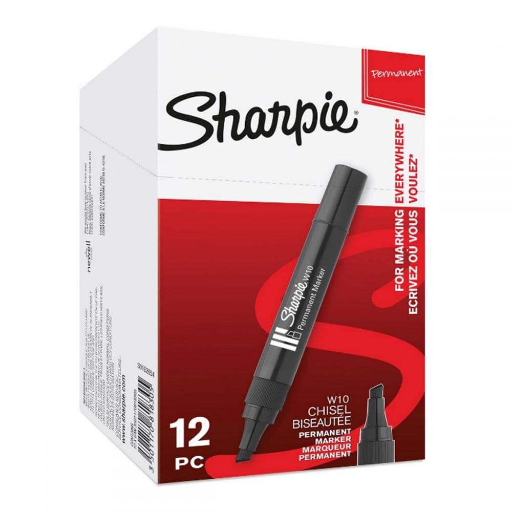 Sharpie S0192654 W10 Permanent Marker Chisel Tip Black Box of 12 - Image 1