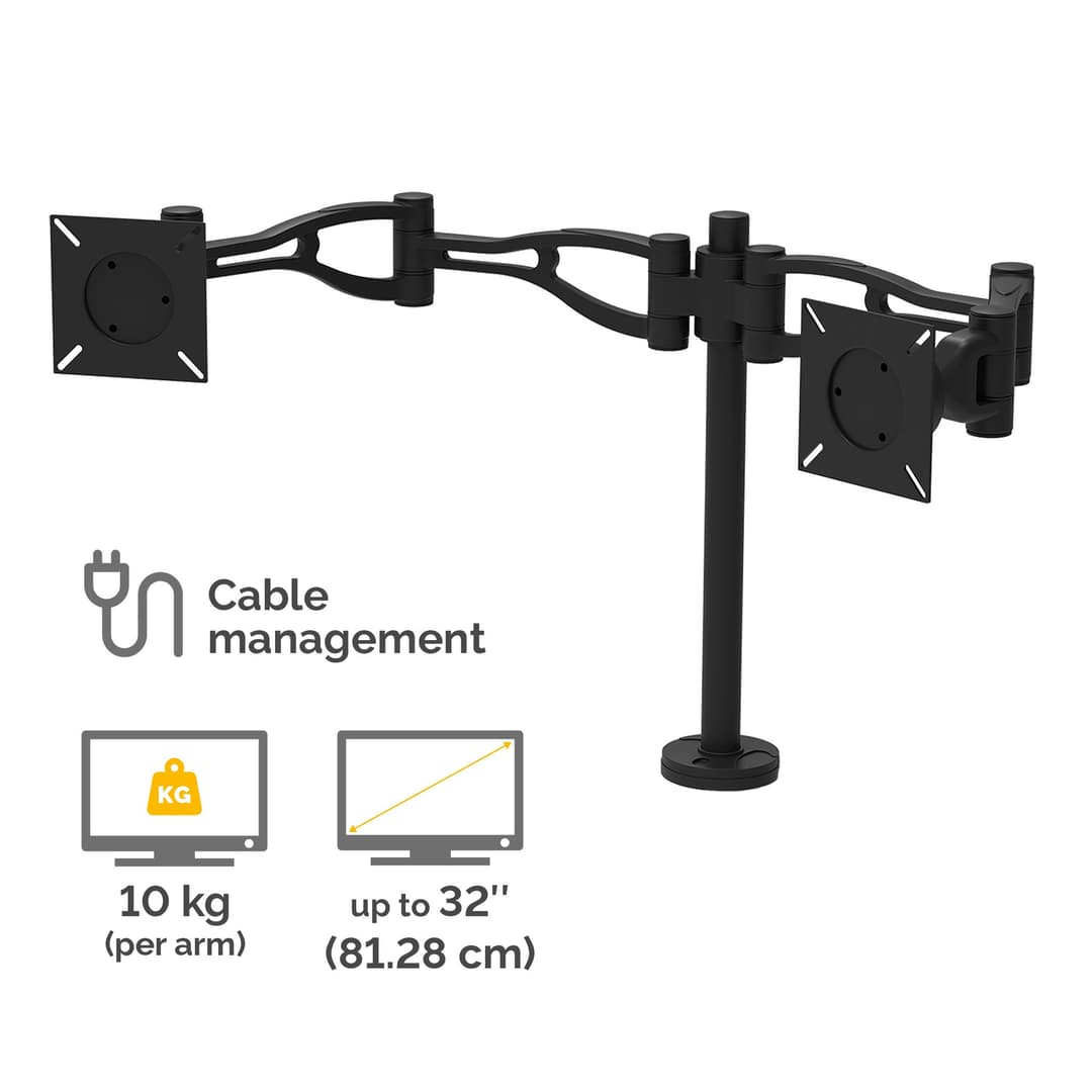 Fellowes Vista Dual Monitor Arm - Monitor Mount for 10KG 26 inch Screens - Ergonomic Adjustable Monitor Arm Desk Mount - Pan 180° Rotation 360°, VESA 75 x 75/100 x 100 - Black - Image 3