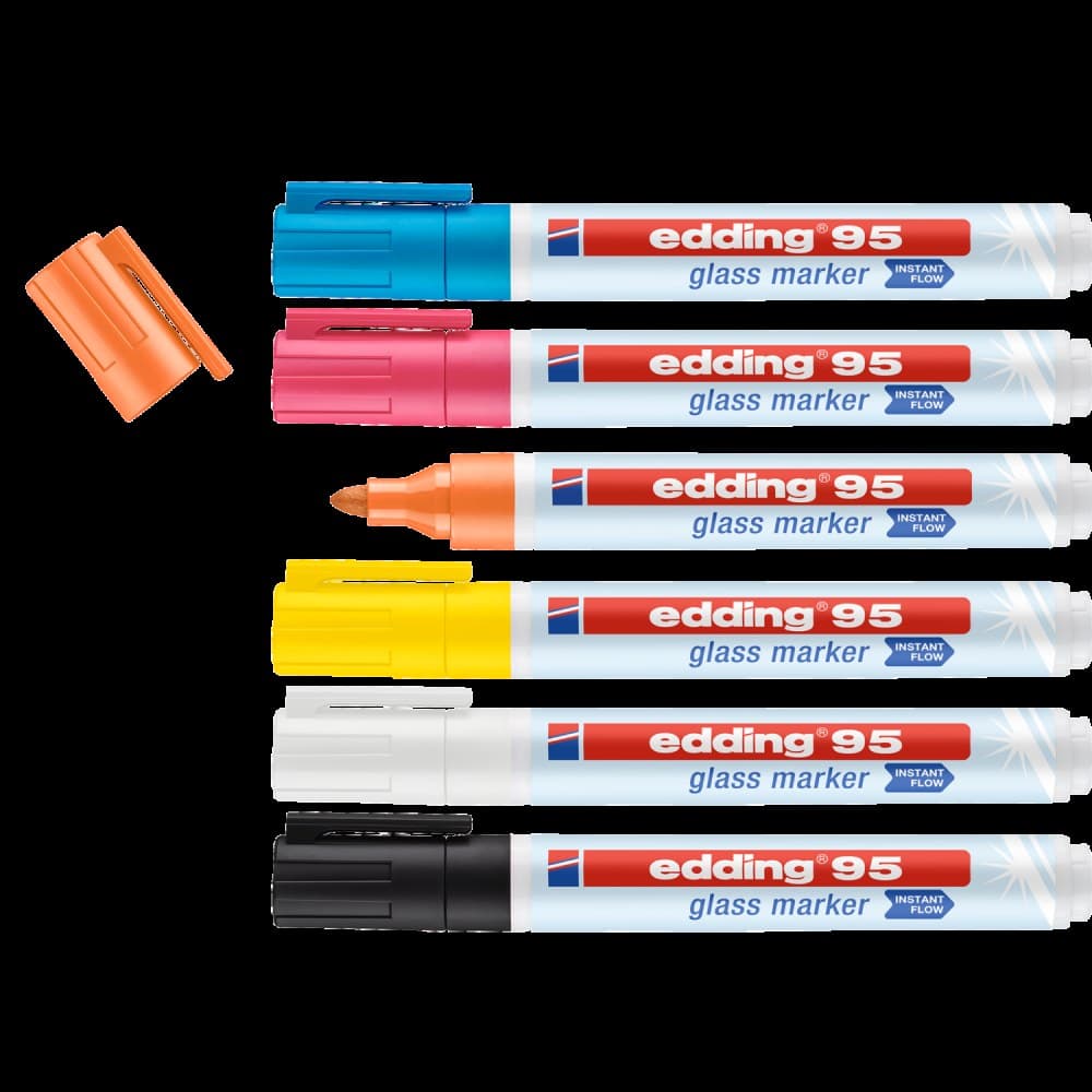 edding 95 Glass Marker Pack of 6 Assorted Colours Bullet Tip 1.5-3mm - Image 1