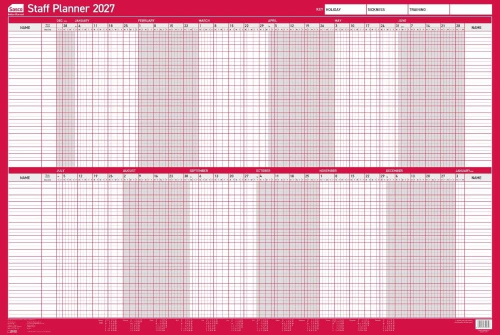 Sasco 2027 Mounted Staff Year Wall Planner 915 x 610mm