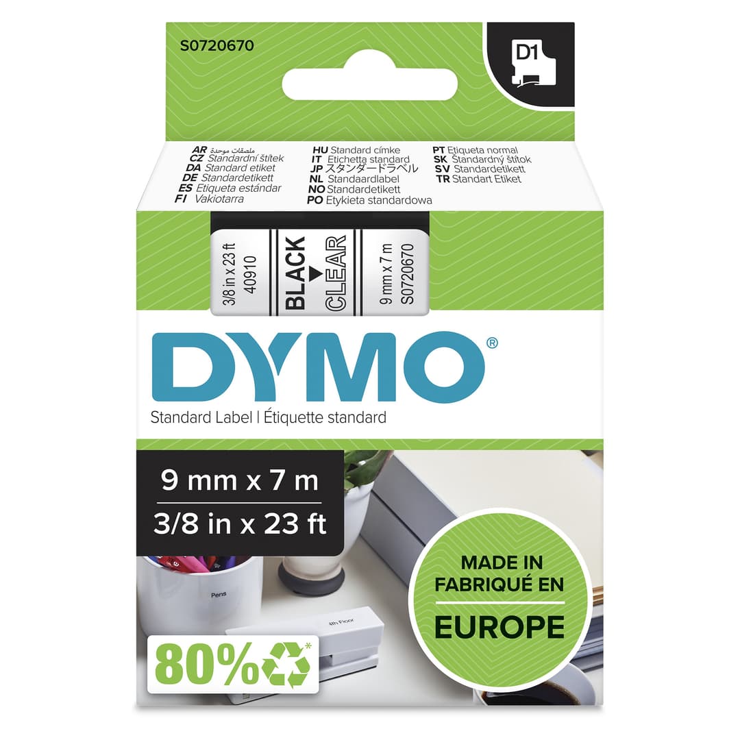 DYMO Authentic D1 Labels | Black Print on Clear Tape | 9 mm x 7 m | Self-Adhesive Labels for LabelManager Label Makers | Made in Europe - Image 1