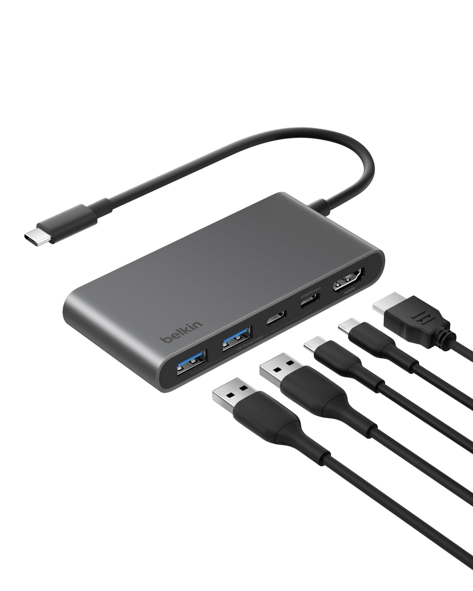 Belkin USB C Hub, 5-Port Hub w/ 4K HDMI Display @ 60Hz, 100W Power Delivery, Fast Data Transfer 5Gbps, USB C Multiport Adapter for MacBook, iPad Pro, Chromebook, & More - Upgraded HDMI 2.0 - Grey