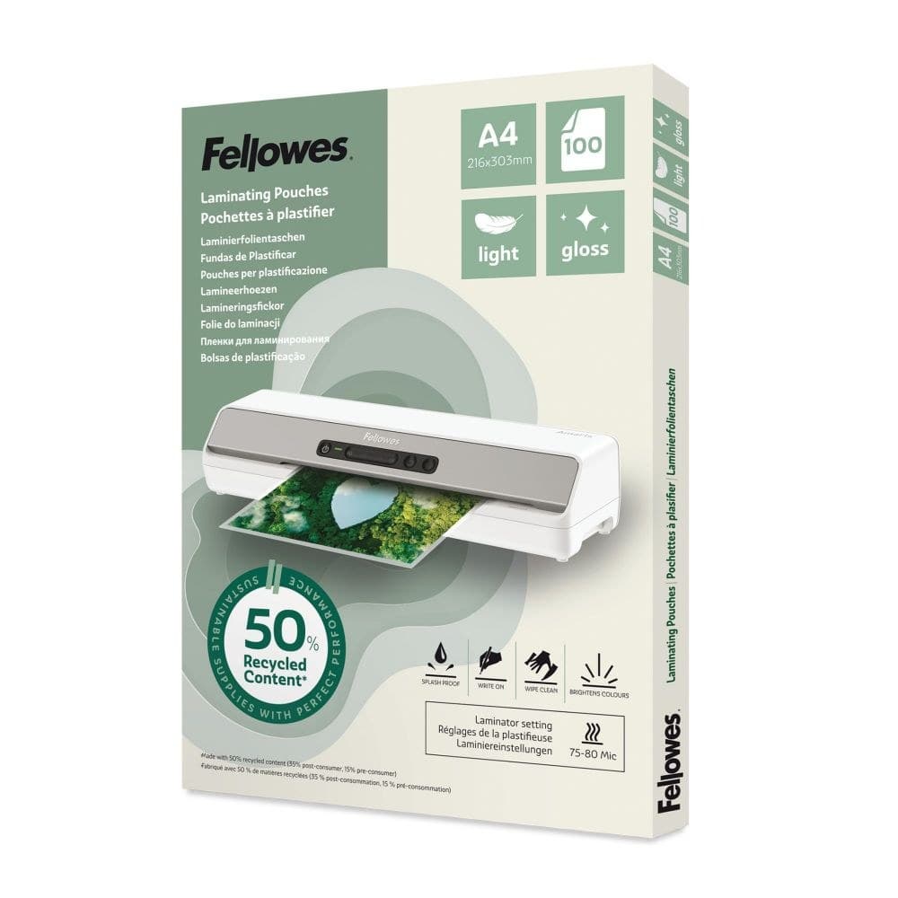 Fellowes Recycled A4 Laminating Pouches Gloss 80 Micron Pack of 100 100142987 - Image 1