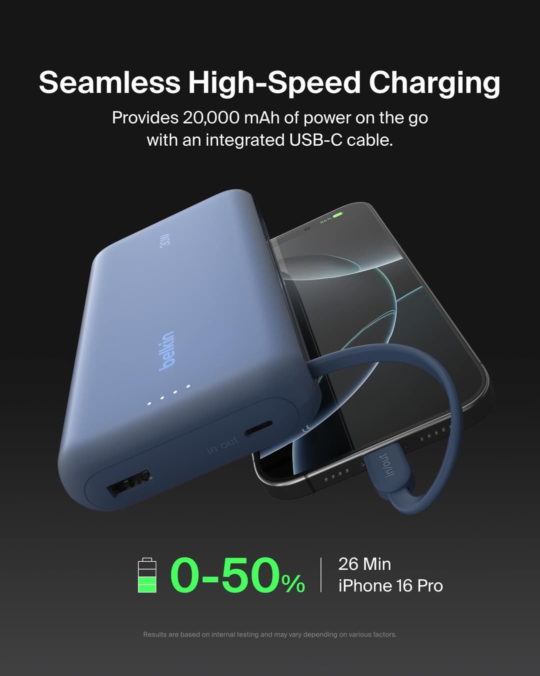 Belkin BoostCharge 20000mAh Power Bank with Integrated USB-C Cable - Blue - Image 4