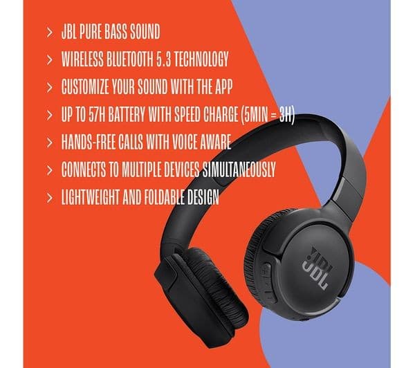 JBL Tune 520BT Wireless On-Ear Headphones - Black - Image 6