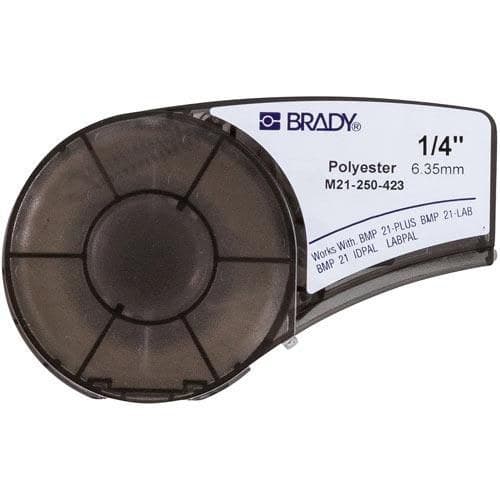 Brady M21-250-423 Polyester Label Tape 6.35mm x 6.40m Black on White for M210/M211/BMP21-PLUS/BMP21-LAB - Image 1