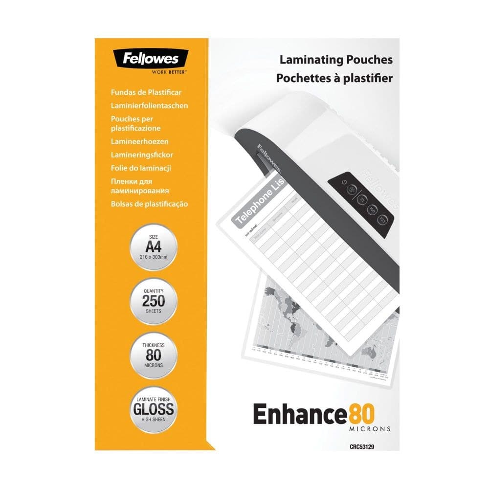 Fellowes Enhance80 5312903 A4 80 Micron (160 Micron Total) Gloss Laminating Pouches 250pk