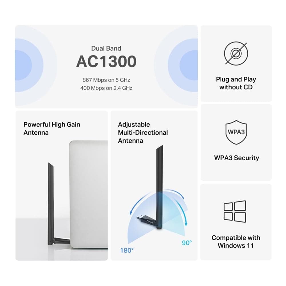 MERCUSYS MA30H TP-Link AC1300Mbps USB WiFi Adapter - Black - Image 3