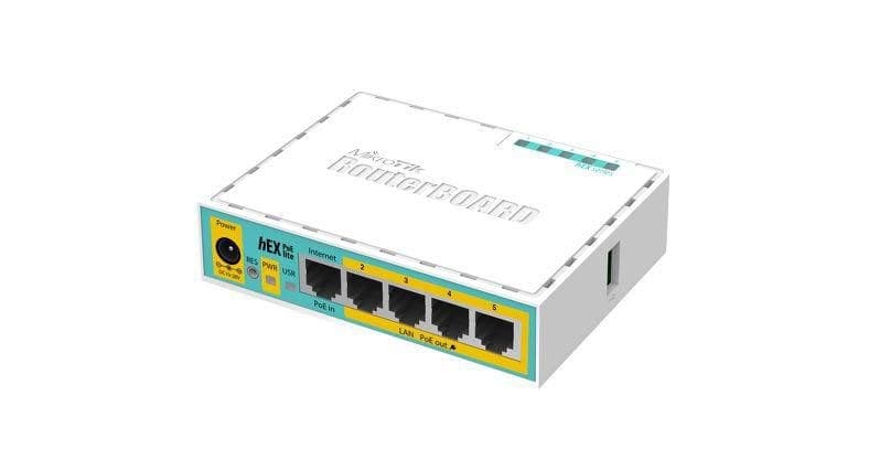MikroTik RouterBOARD hEX PoE lite RB750UPr2 with 5x 10/100 Ethernet Ports (4x PoE Out), USB, 650MHz CPU, 64MB RAM, RouterOS L4, plastic case and PSU - Image 1