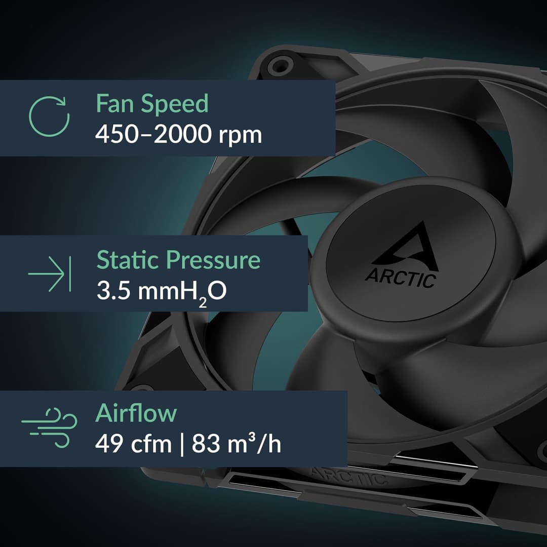 ARCTIC P12 Pro PST LN - 5 Pack - Low-Noise Premium Fan, 120 mm PWM Fan with Y-Cable Splitter, 450-2000 rpm, 0 rpm <5% PWM, Fluid Dynamic Bearing, 4-Pin - Black - Image 4