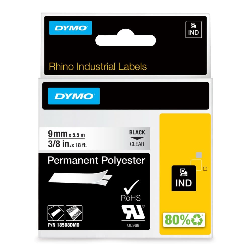 Dymo 18508 Rhino 9mm x 5.5m Black on Clear Permanent Polyester Tape - S0718160