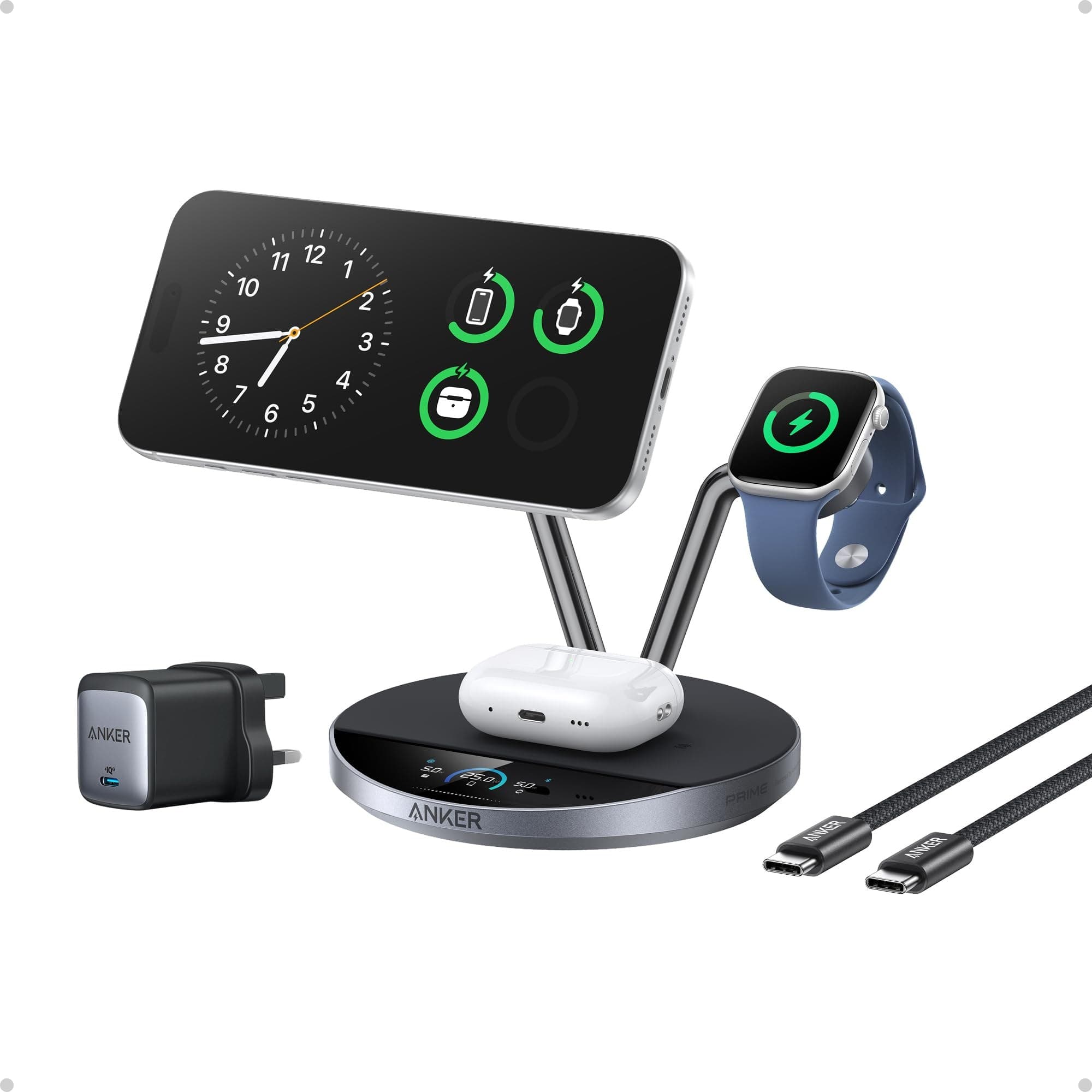 Anker Prime 3-in-1 Wireless Charger Dock Stand, Qi2‑Certified 25W