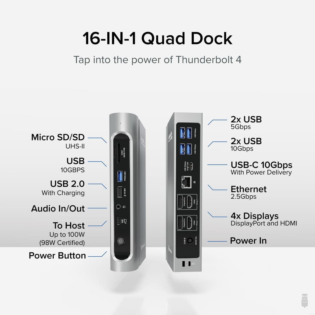 Plugable Technologies 16-in-1 Thunderbolt 4 Dock with 100W Charging, 4K Quad Monitor Setup for Thunderbolt 4 Windows Laptops, Thunderbolt Certified Dock with 2x HDMI, 2x DisplayPort, 2.5G Ethernet, 7x USB, SD - Image 2