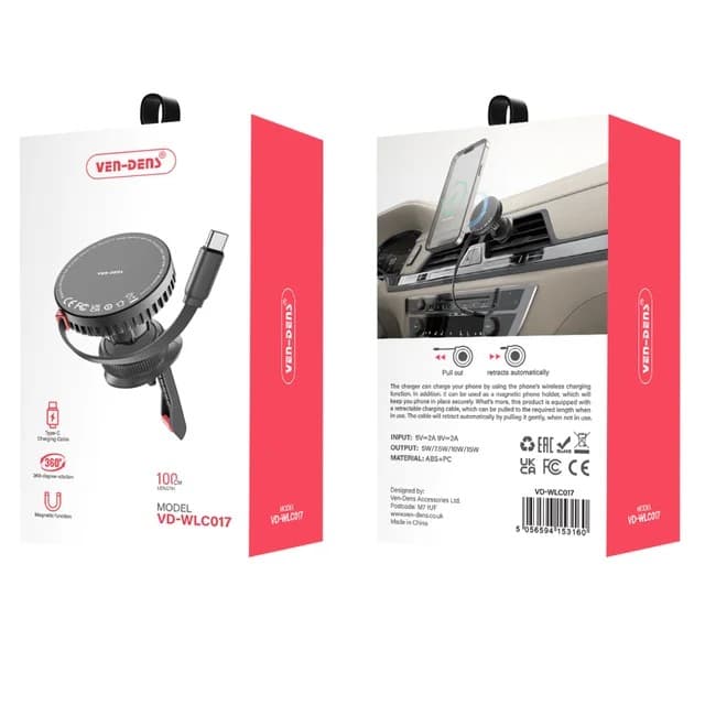 Ven-Dens 360° Rotating Magnetic Wireless Car Charger, Fast & Convenient, VD-WLC017 - Black - Image 2