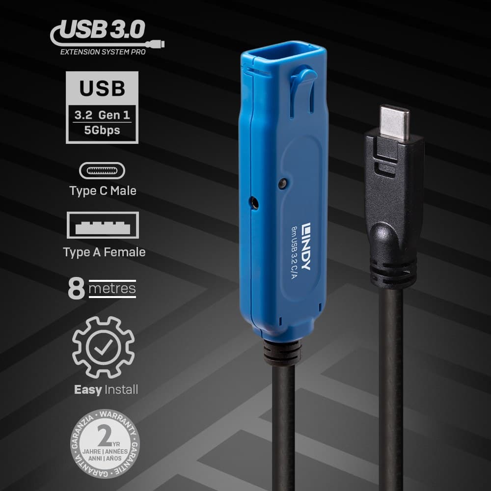Lindy 43381 USB cable USB 3.2 Gen 1 (3.1 Gen 1) 8 m USB C USB A 5 Gbit/s Black, Blue - Image 2