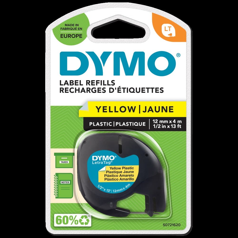 Dymo 91202 12mmx4m Black On Yellow Plastic Tape - Image 1
