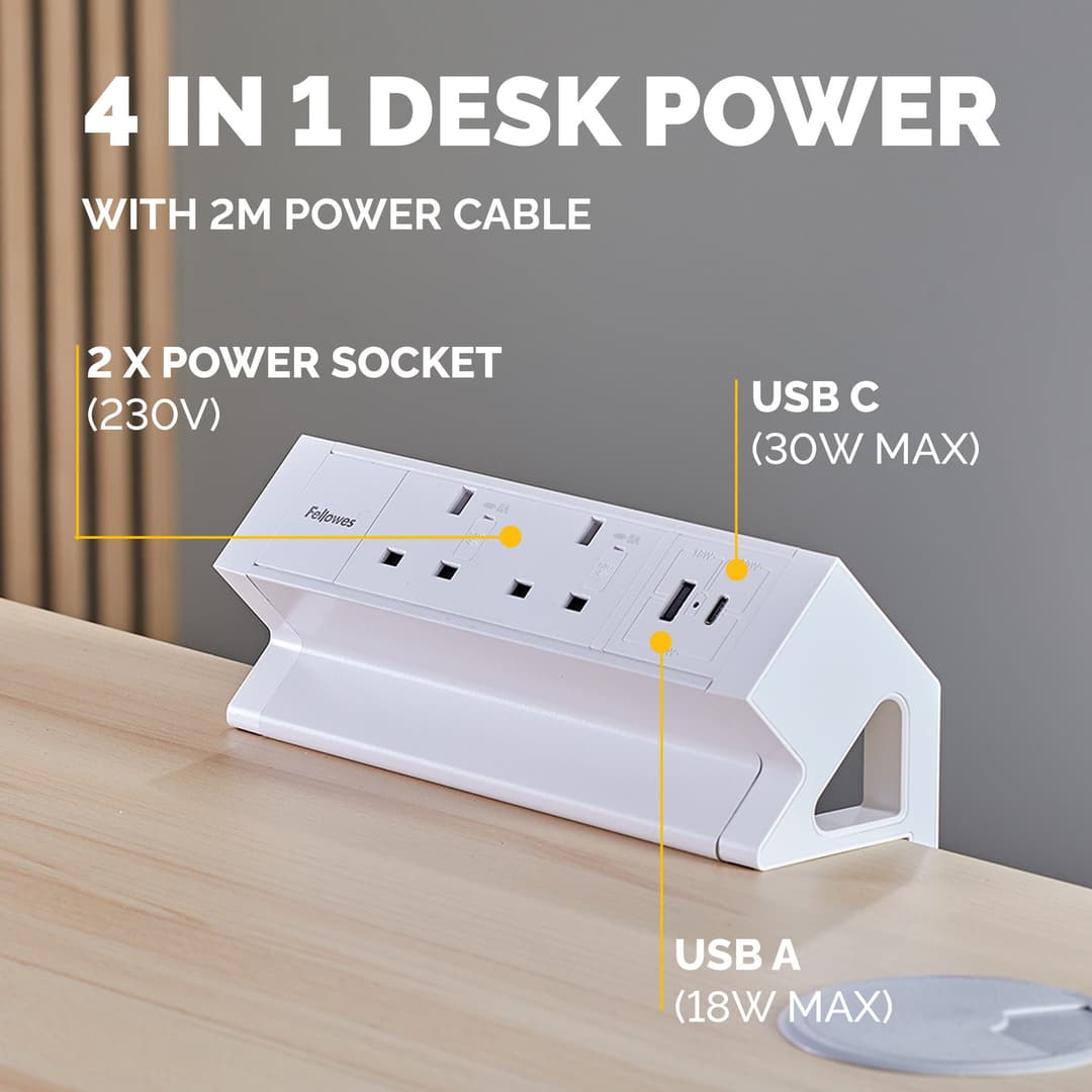 Fellowes Power Desk 2 Socket with 2 Power Sockets 1 USB-A & USB-C Ports White - Image 4