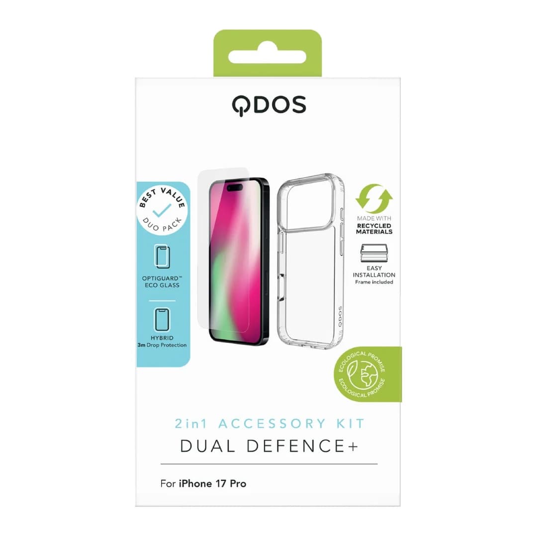 QDOS DUAL DEFENCE+ iPhone 18 Pro / 17 Pro Clear Case & Screen Protector Bundle QD-17P-DDP-CLEG - Clear - Image 1