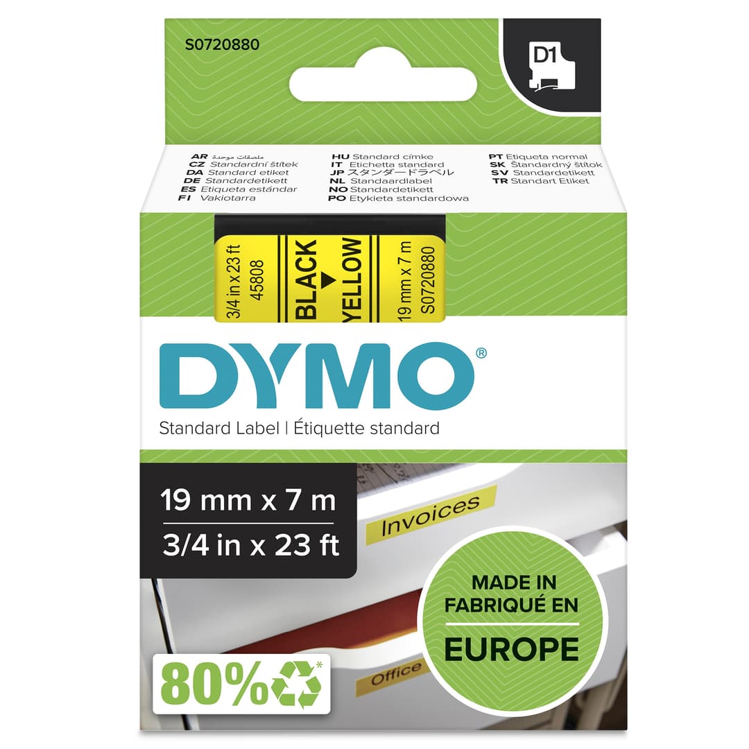 DYMO Authentic D1 Labels | Black Print on Yellow Tape | 19 mm x 7 m | Self-Adhesive Labels for LabelManager Label Makers | Made in Europe - Image 1