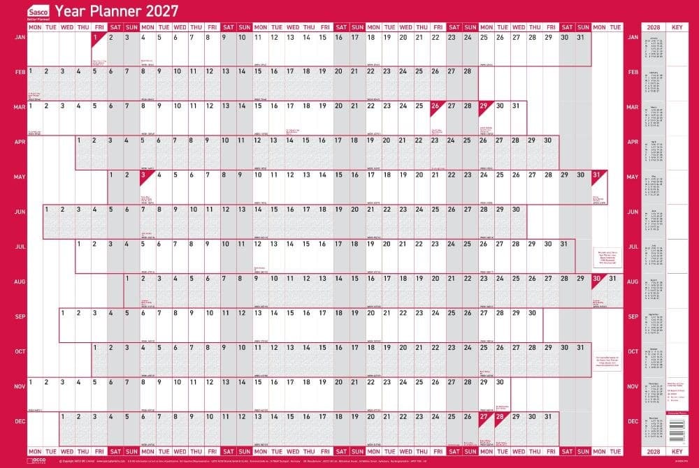Sasco 2027 Unmounted Original Year Wall Planner 915 x 610mm
