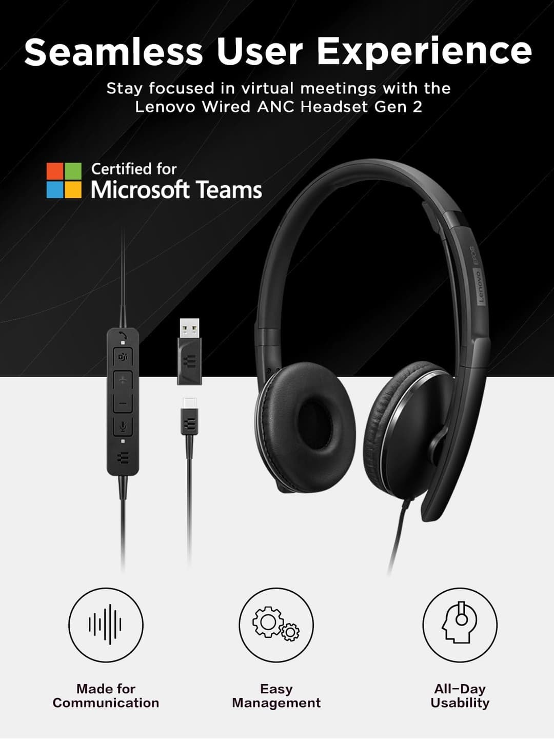 Lenovo Gen2 Anc Wireless Headset - Black - Image 5