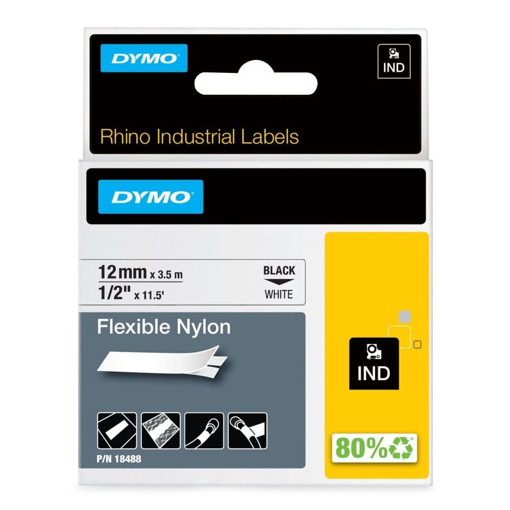 Dymo 18488 12mm x 3.5m Black On White Flexible Nylon Tape - S0718100 - Image 1