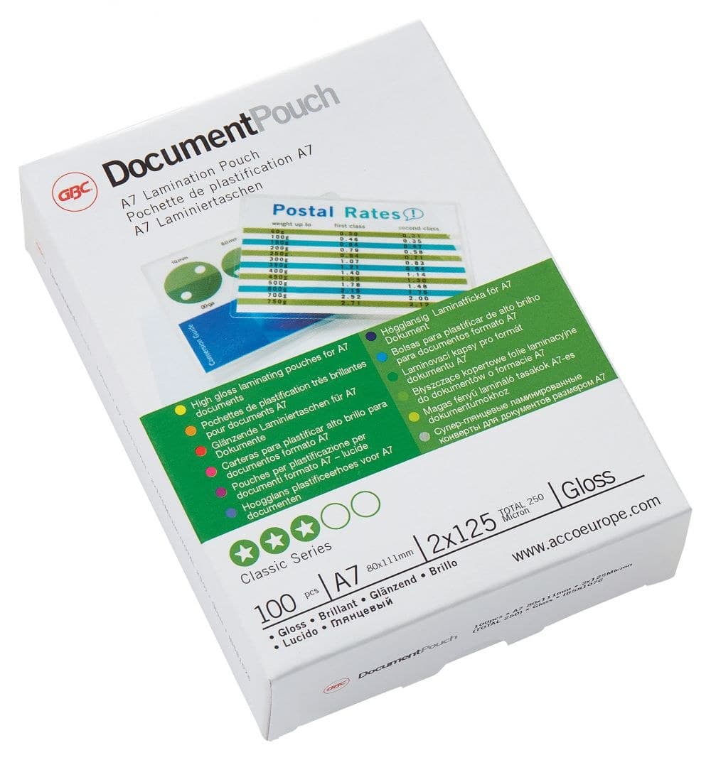 GBC IB581076 A7 2x125 Micron Gloss Laminating Pouches - Pack of 100 - Image 1