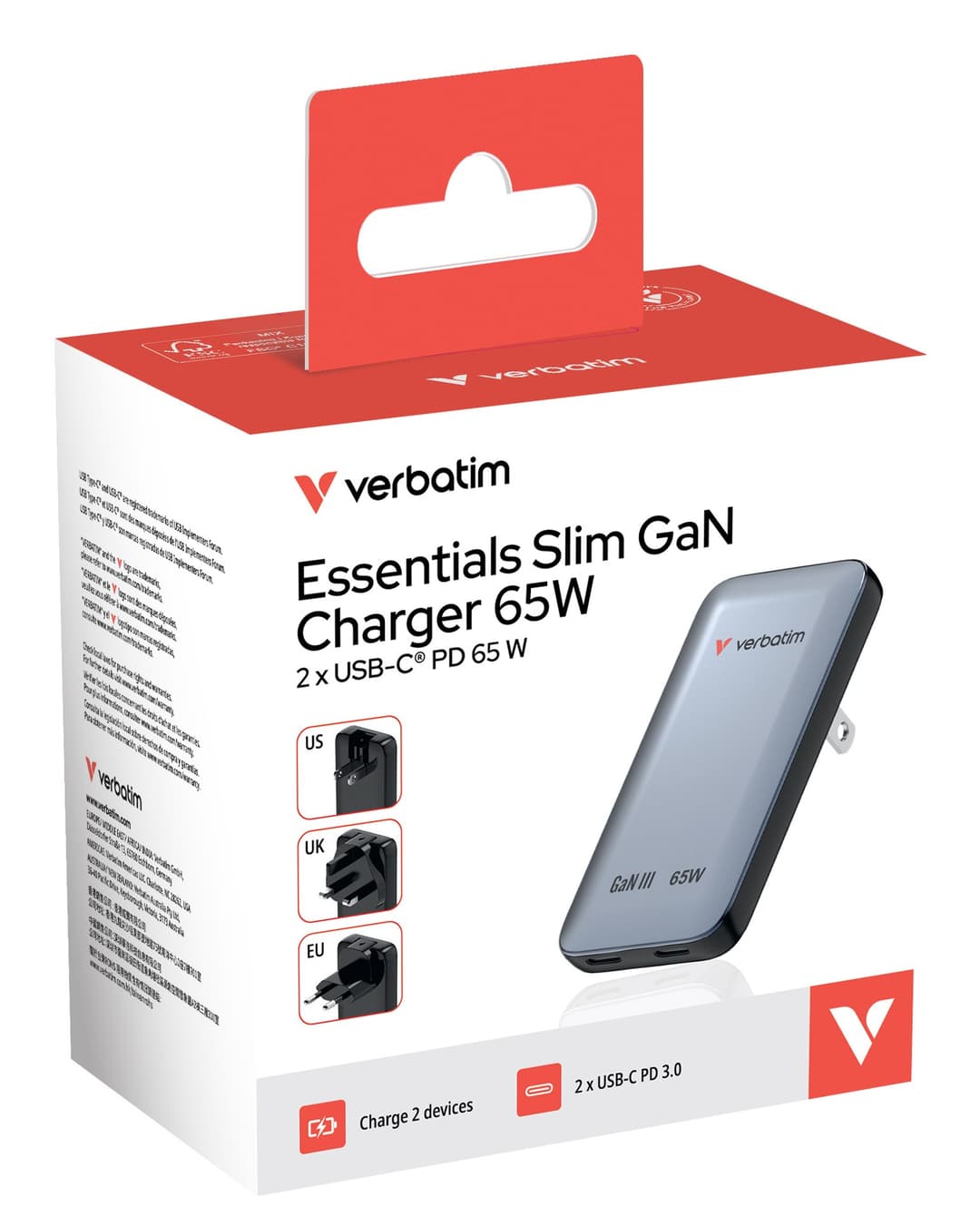 Verbatim Essentials Slim GaN Wall Charger 65W US/EU/UK - Grey - Image 3