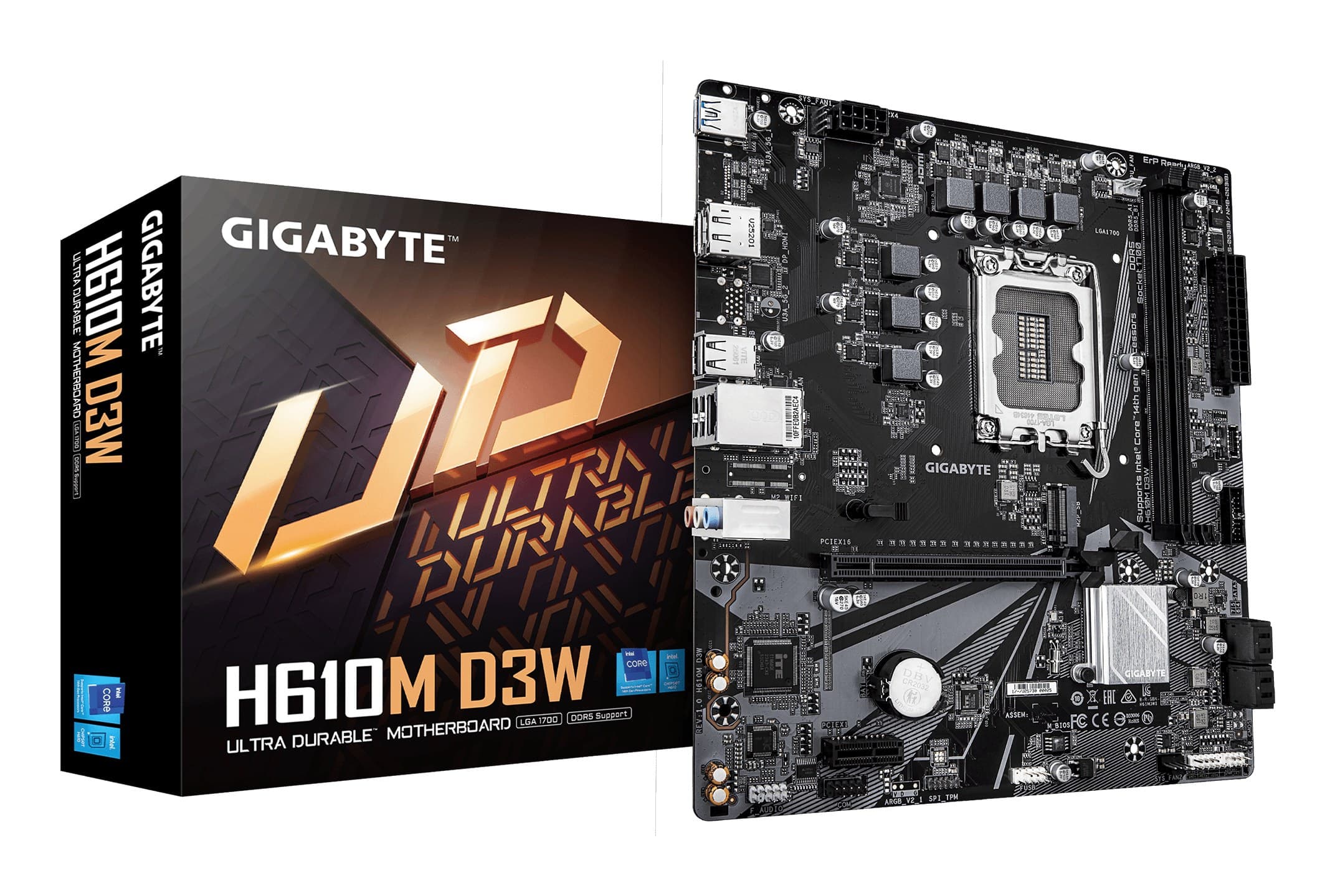 GIGABYTE H610M D3W Micro-ATX Motherboard - LGA1700, Supports 14th Gen. Intel Core CPUs, 5+1+1 phases VRM, up to 5600MHz DDR5, 1xPCIe 3.0 M.2, 1GbE LAN, USB 3.2 Gen 1 - Wired