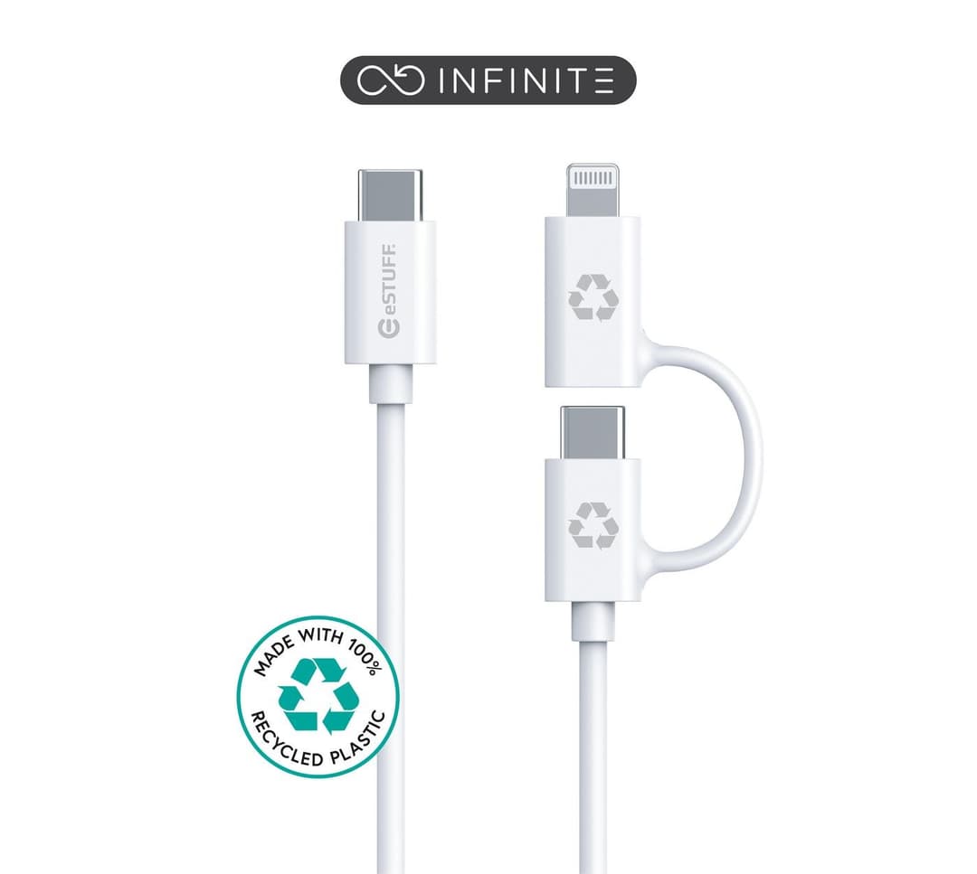 eSTUFF INFINITE (GRS) Super Soft 2-in-1 USB-C to USB-C/Lightning Cable MFI 1m White - Image 1