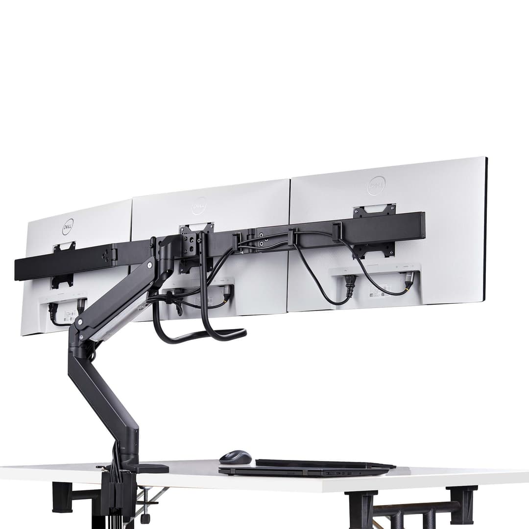 StarTech.com Crossbar Triple Monitor Desk Mount For Up To Three 27in Screens, VESA 75x75/100x100, Tool-Less Arm Adjustments, C-Clamp/Grommet, Spring-Assisted Arm - Image 4