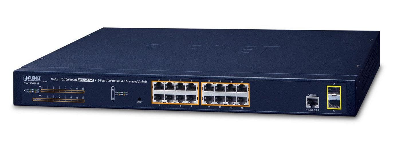PLANET GS-4210-16P2S 16-Port Gigabit PoE+ Managed Switch with 2 SFP Ports (220W)