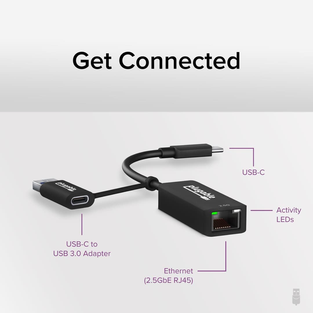 Plugable Technologies 2.5G USB C and USB to Ethernet Adapter, 2-in-1 Adapter Compatible with USB-C Thunderbolt 3 or USB 3.0, USB-C to RJ45 2.5 Gigabit LAN Ethernet, Compatible with Mac and Windows - Image 2