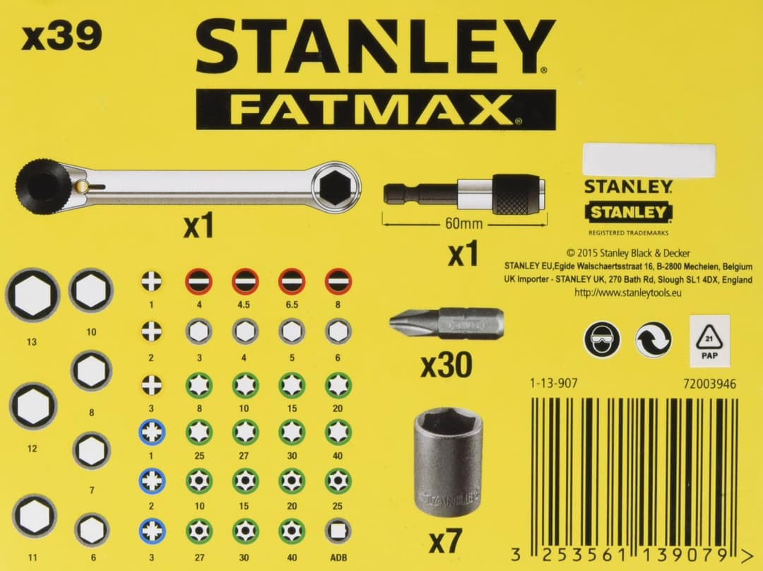 Stanley Tools 1-13-907 39-Piece Bit And Socket Set With Ratchet - Yellow/Black - Image 7