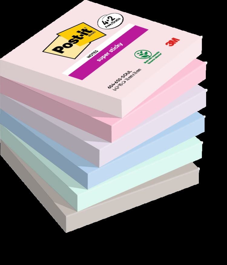 Post it Pack of 6 Super Sticky Notes Soulful Colours 76x76mm 90 Sheets - Image 1