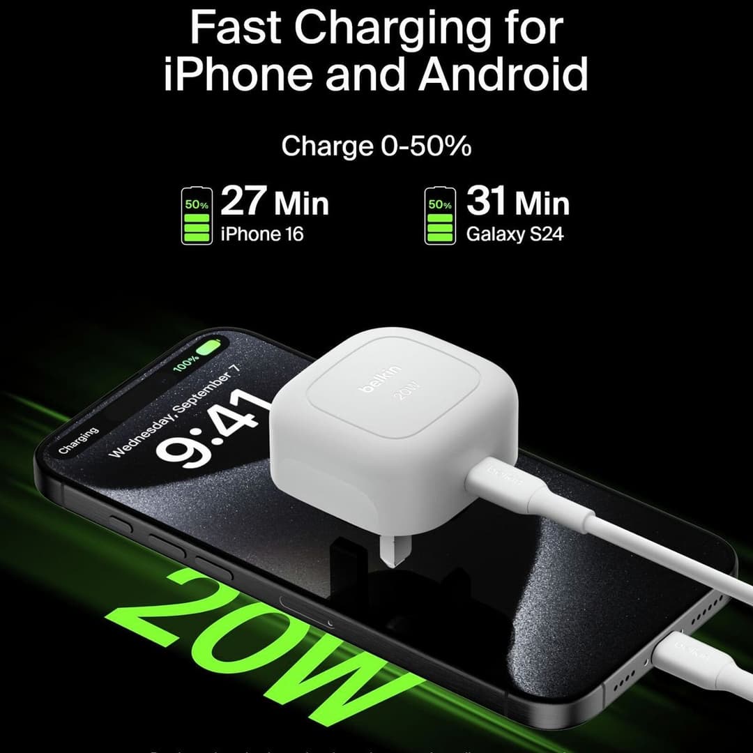 Belkin 20W USB-C Compact Wall Charger + USB-C Cable - White - Image 3