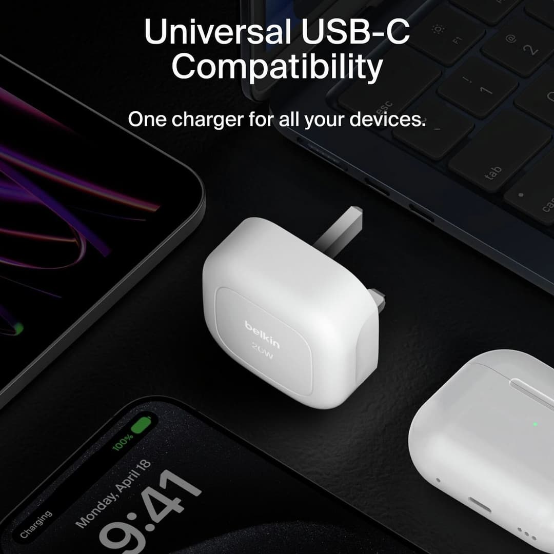 Belkin 20W USB-C Compact Wall Charger + USB-C Cable - White - Image 4