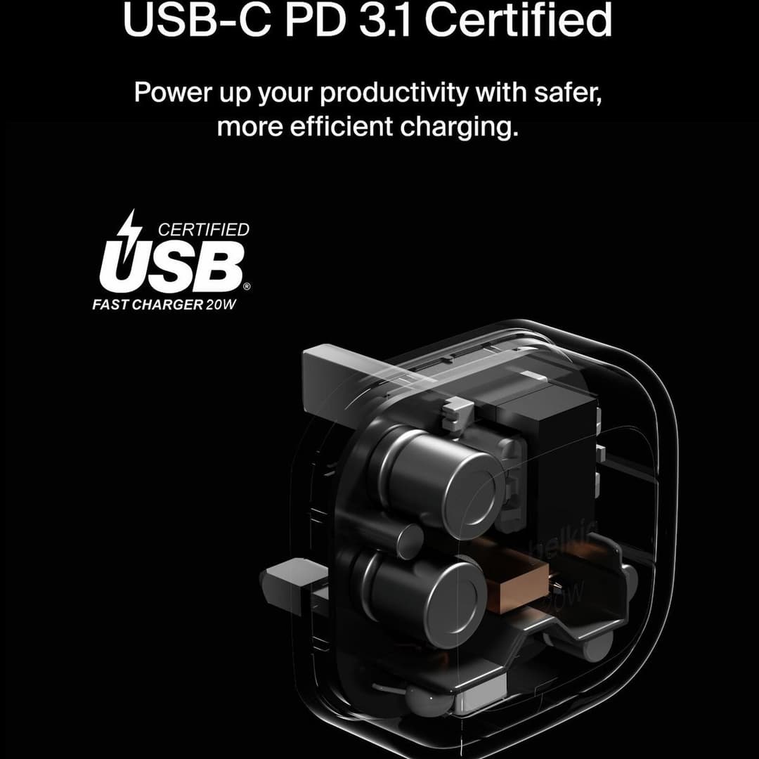 Belkin 20W USB-C Compact Wall Charger + USB-C Cable - White - Image 5